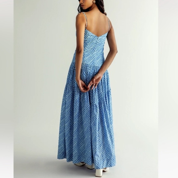 NEW Summer Away at Free People Roberta Dress Sz S Blue Ocean Checks Ruched - Picture 2 of 15